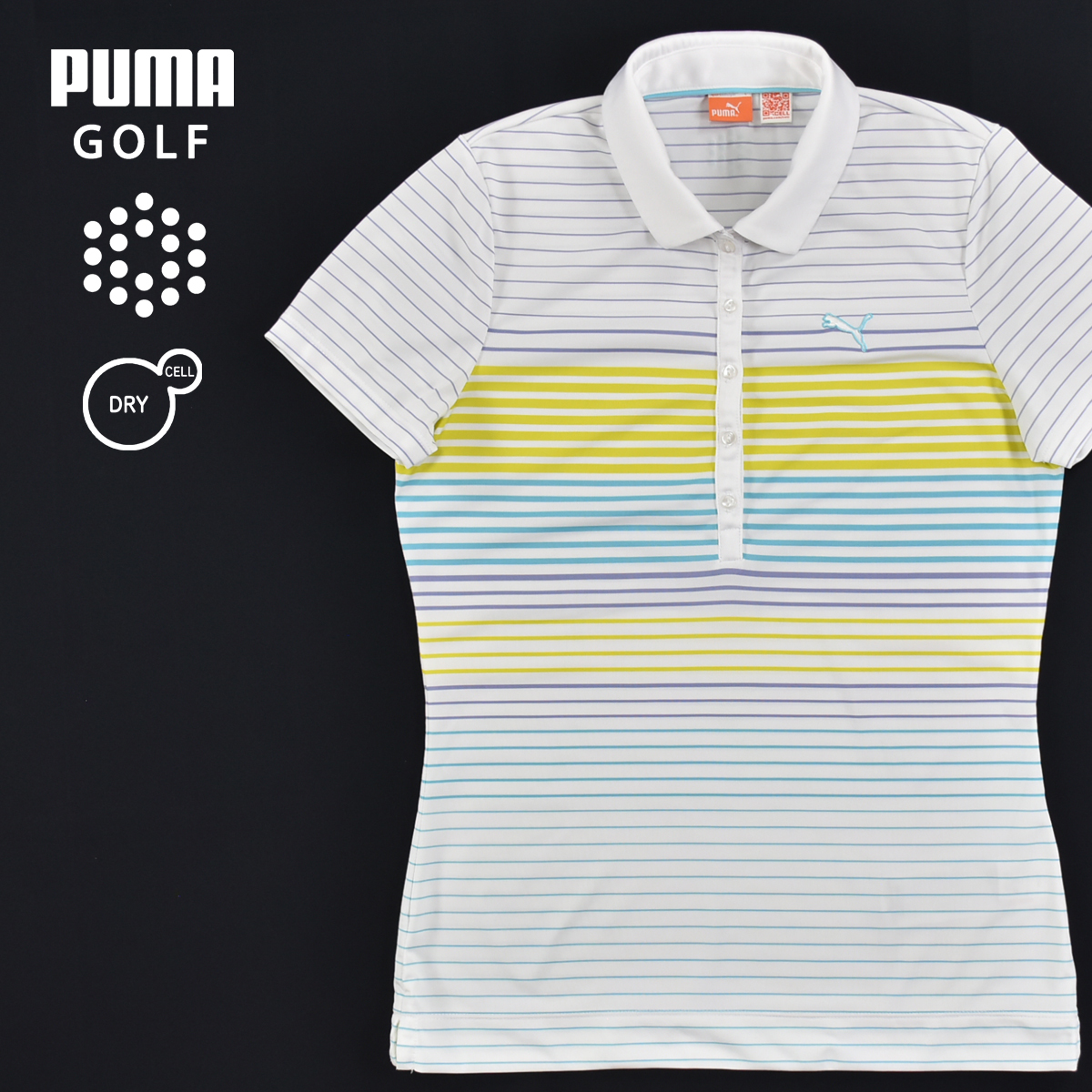 送料300円│PUMA GOLF プーマ ゴルフ ★ DRY CELL ドライセル マルチカラーボーダー 半袖 ポロシャツ 白×マルチカラー レディース L_画像1