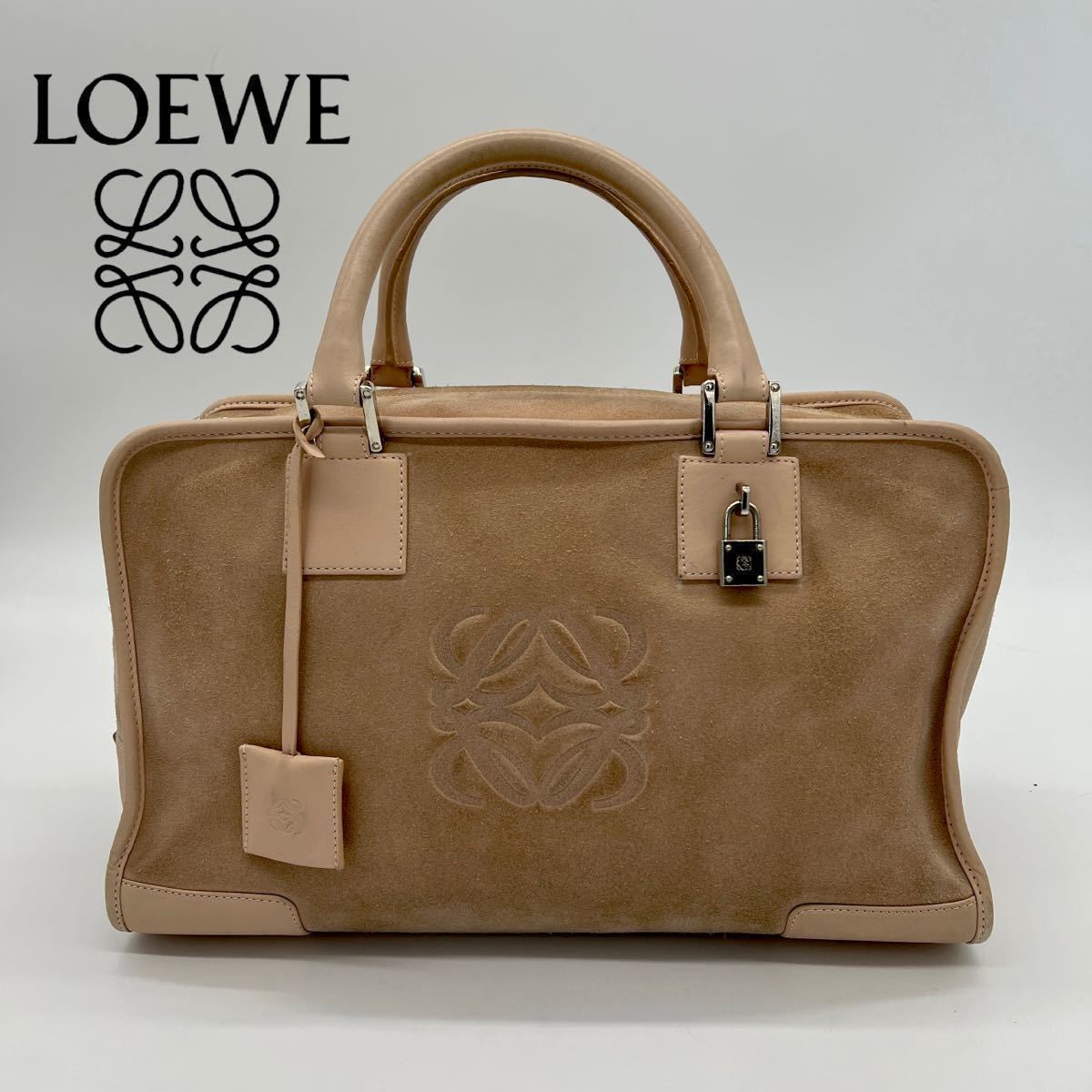 1円 【最高級・極美品】LOEWE ロエベ アナグラム アマソナ 36 28 ハンドバッグ ミニ ボストン スエード レザー ピンクベージュ 正規品_画像1