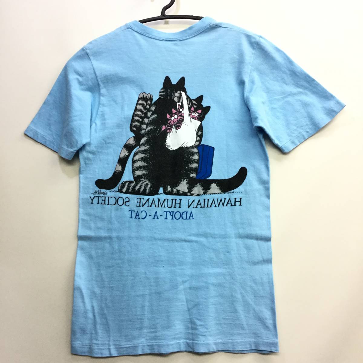 トップス Tシャツ/カットソー(半袖/袖なし) 90s USA製 クリバンキャット Crazy Shirts Tシャツ 猫 Sサイズ 水色 両面プリント
