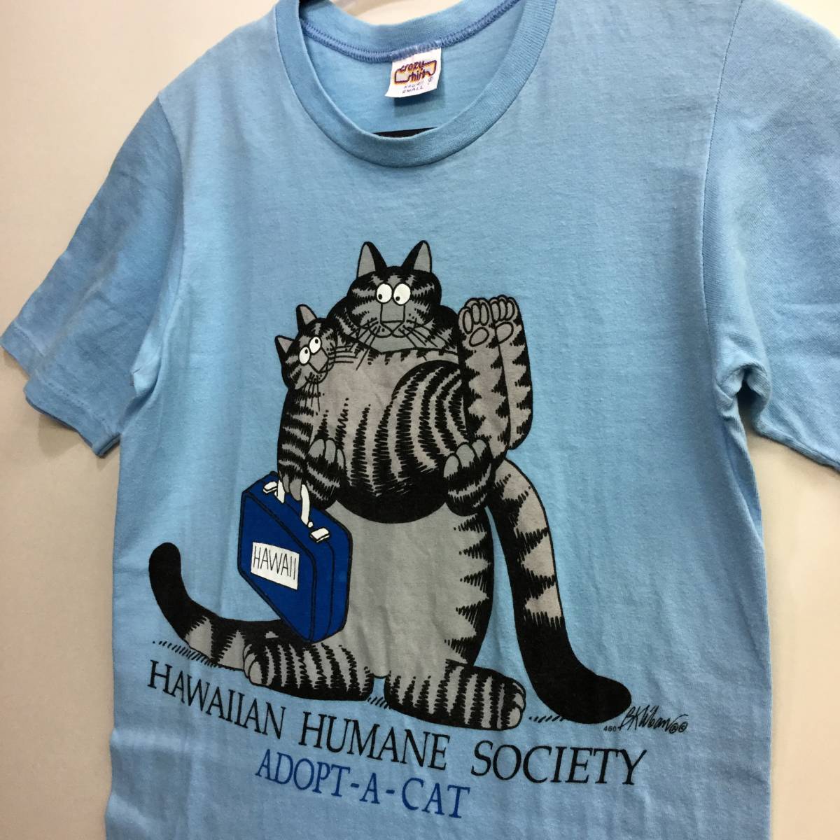 トップス Tシャツ/カットソー(半袖/袖なし) 90s USA製 クリバンキャット Crazy Shirts Tシャツ 猫 Sサイズ 水色 両面プリント