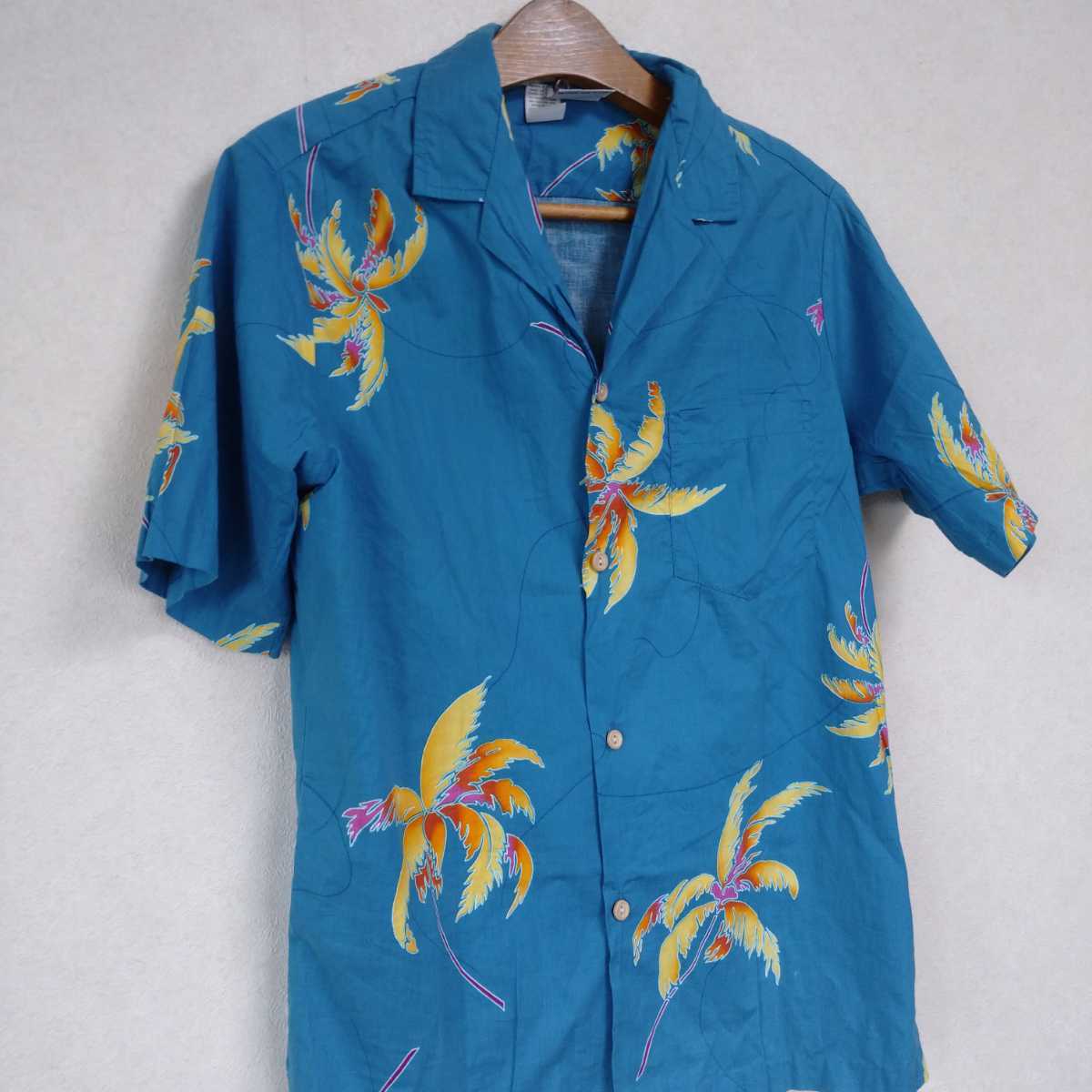 ハワイ製 綿100 アロハシャツ 青ヤシ M_画像4