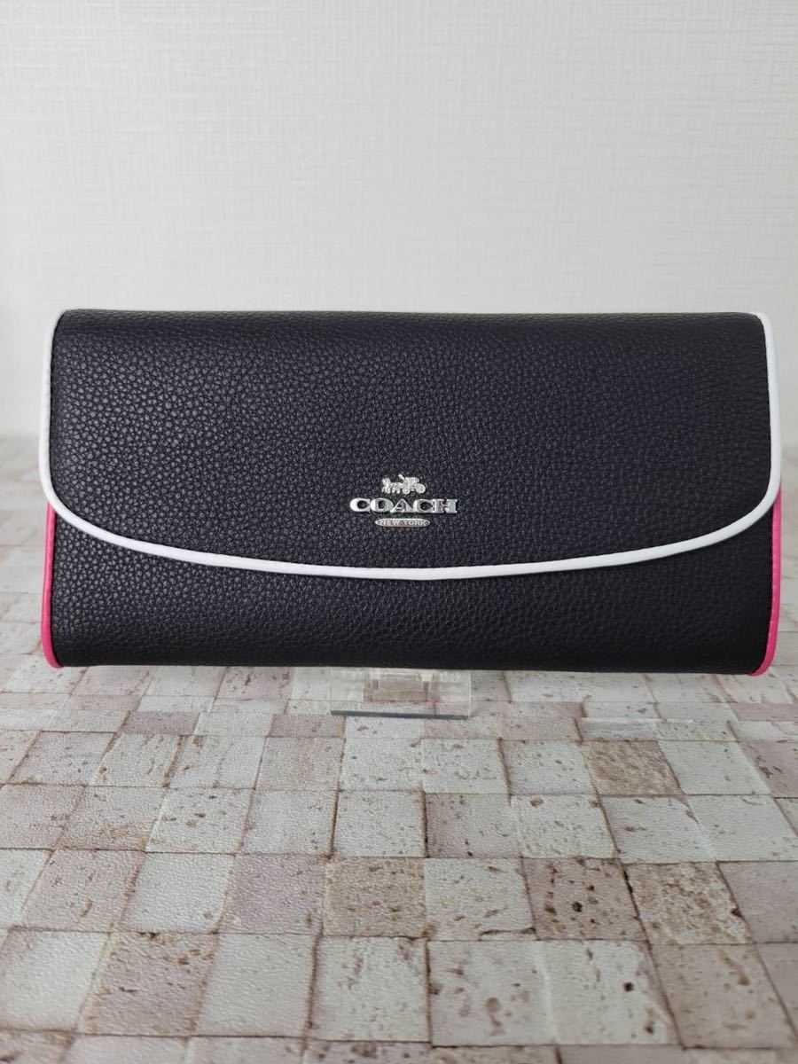 COACH コーチ フラップ開閉 レザー ブラック 白枠 ピンク枠【訳あり品】