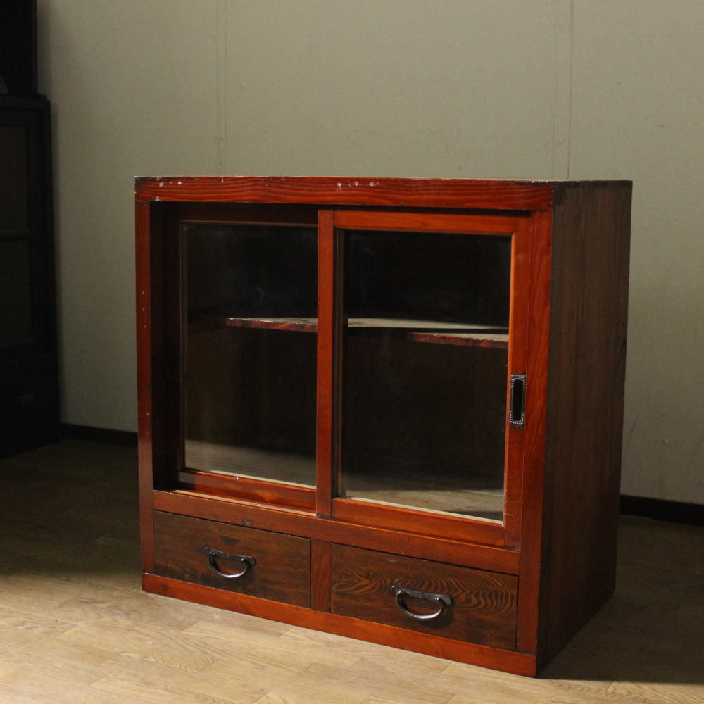 レトロ・アンティーク 古い木製ガラス戸棚 食器棚本棚古道具ガラス