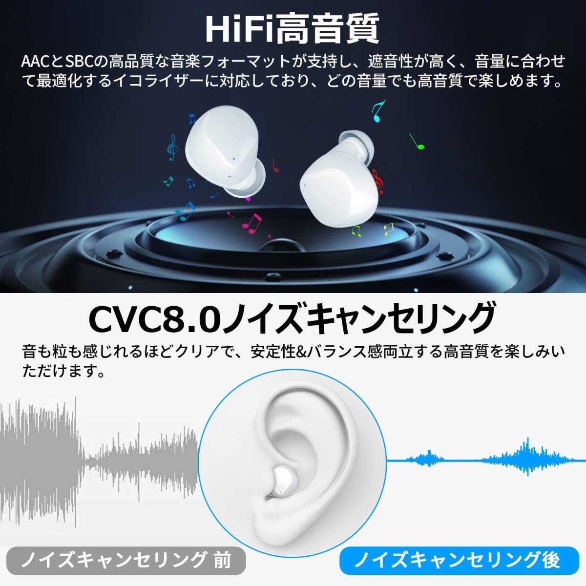 Bluetooth イヤホン ワイヤレスイヤホン 立体HIFI音質 AAC/SBC対応 CVC8.0 自動ペアリング IPX7防水 音量調整 ハンズフリー通話 マイク内蔵_画像5