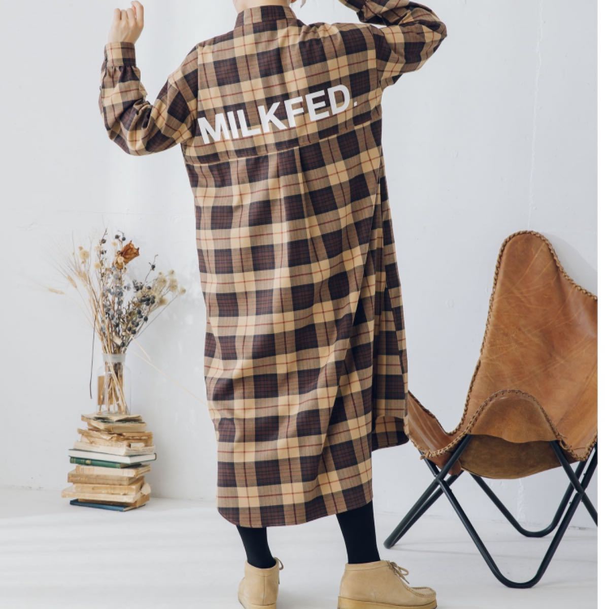 MILKFED. ミルクフェド 長袖 チェックシャツ ワンピース ブラウン ベージュ 春 秋