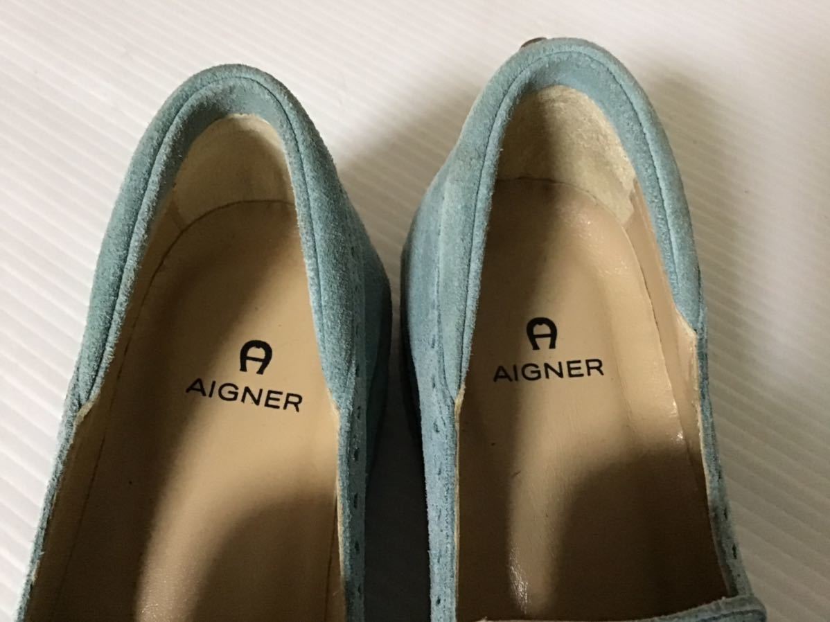 AIGNER／アイグナー　スエード　水色　レディース　靴　レザー　イタリア　シューズ　ローファー　スリッポン　箱付