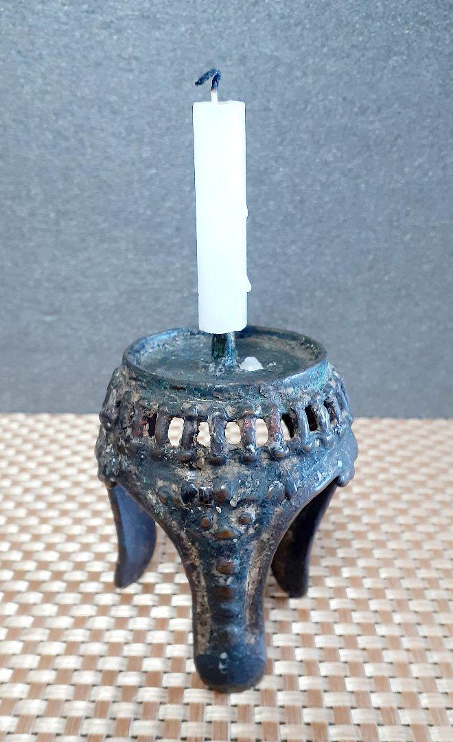 時代古作品 古銅 唐金 彩色 透かし造り 三獣面 燭台 秉燭(ひょうそく 