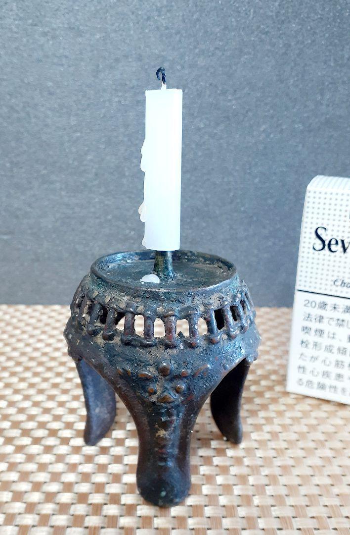 時代古作品 古銅 唐金 彩色 透かし造り 三獣面 燭台 秉燭(ひょうそく
