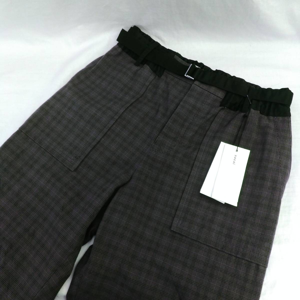 [タグ付] sacai サカイ グレンチェッククロップドパンツ 綿パン 緑 カーキ 2 20-02253M 20SS 店舗受取可_画像1