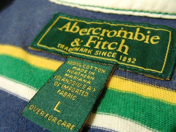 ssy3267 Abercrombie & Fitch アバクロ メンズ 半袖 ポロシャツ ■ 胸にワンポイント刺繍 ■ ボーダー柄 ビンテージ Lサイズ_画像9