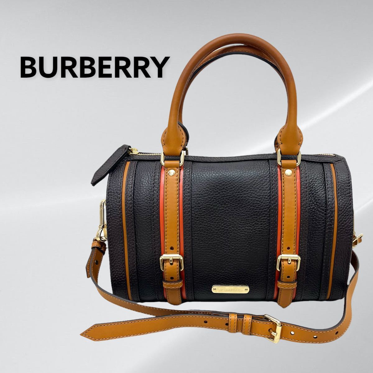 美品 BURBERRY バーバリー ロゴプレート カーフレザー 2way ショルダー ミニボストンバッグ ハンドバッグ