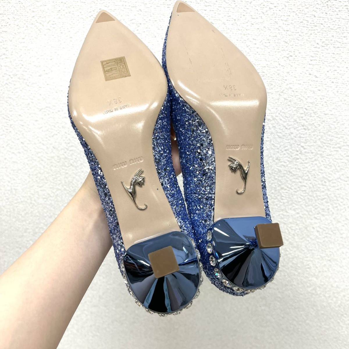 新品 ミュウミュウ クリスタル ビジュー装飾 グリッター ヒール