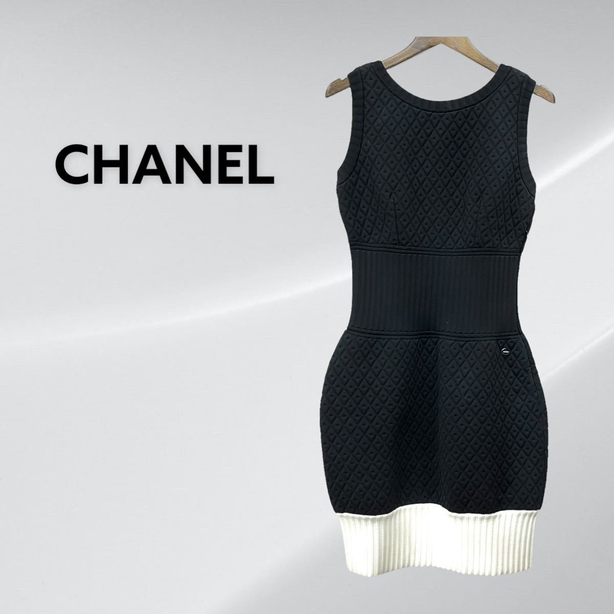 高級 CHANEL シャネル P46066K05774 ロゴ装飾 バイカラー キルティング ノースリーブ ドレス ワンピース