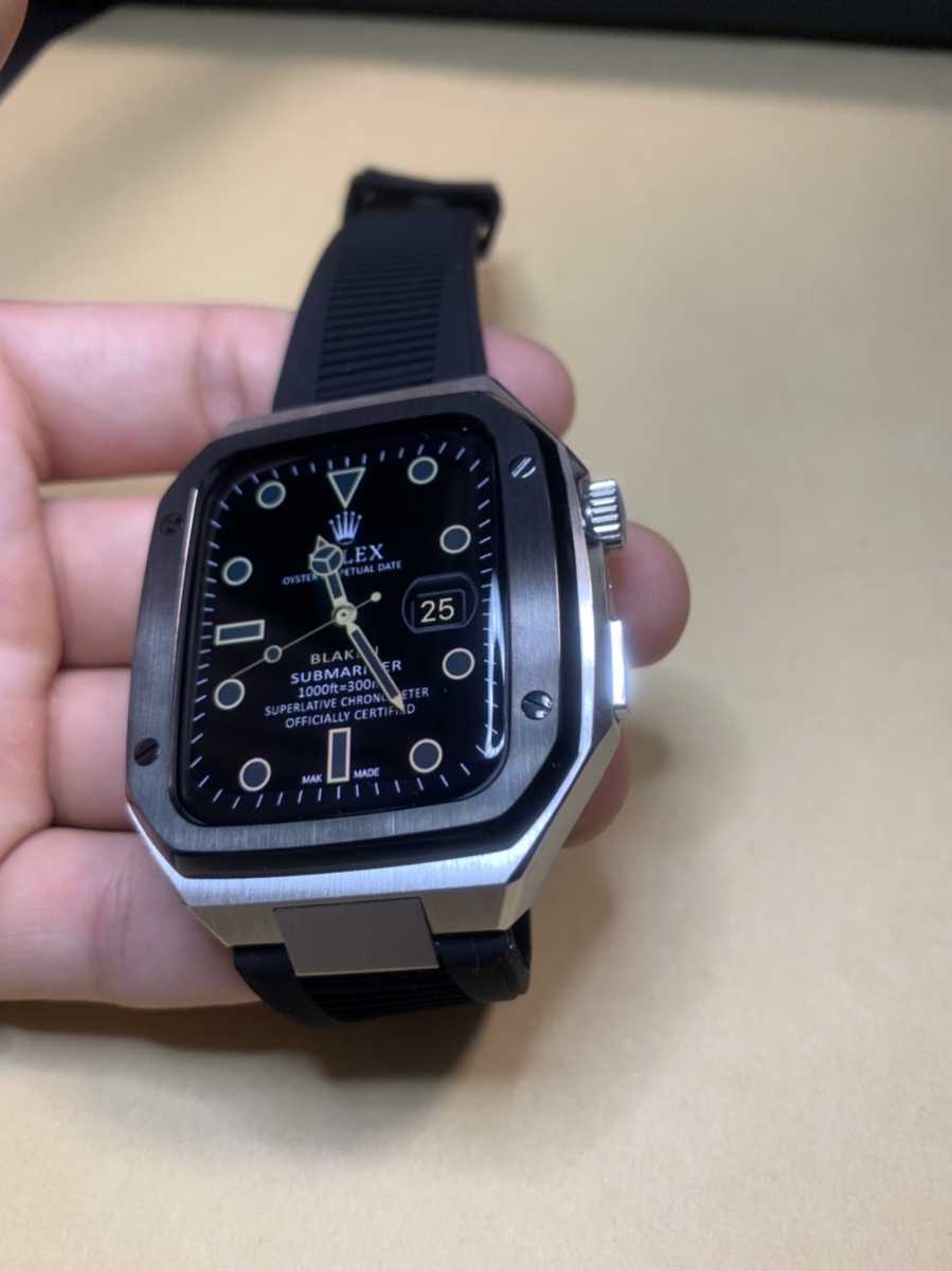 42mm 44mm 45mm 銀黒黒 apple watch メタル ラバーバンド カスタム