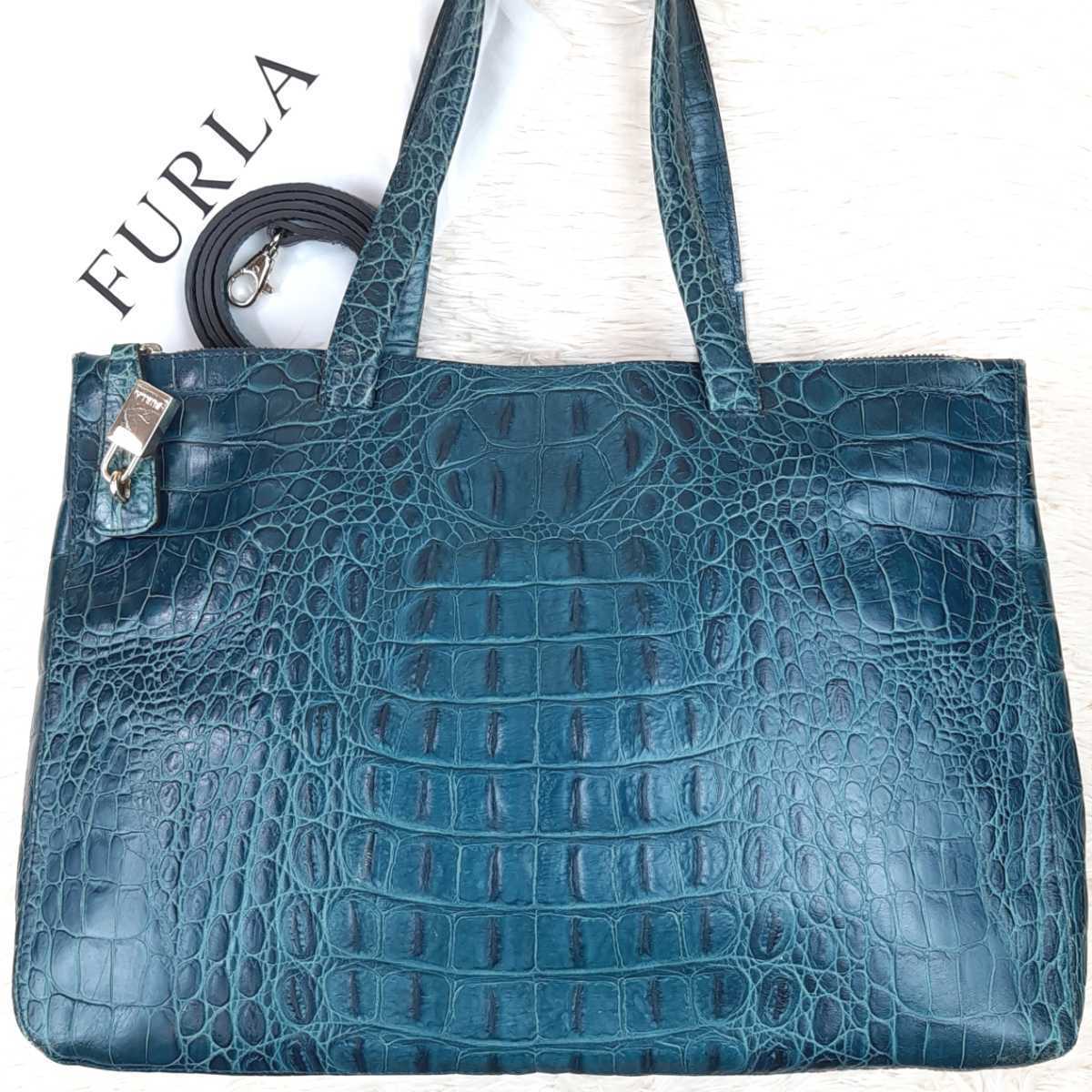 【極美品】FURLA フルラ　ショルダーバッグ　トートバッグ　2way クロコ型押し　レザー　ロゴチャーム　A４収納　エメラルドグリーン