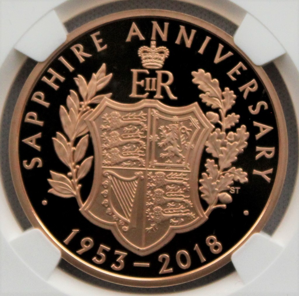 2018年 イギリス エリザベス2世 サファイアコロネーション 5ポンド 金貨　NGC PF70UC 最高鑑定品！！_画像1