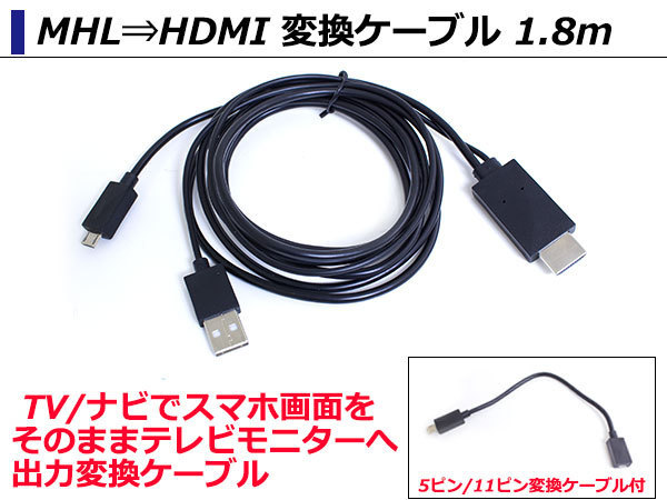 スマホHDMI機器をテレビやナビに高画質で映せる MHL⇒HDMI 1.8m 5ピン/11ピン対応 HDMI-MicroUSBケーブルコネクタ スマートフォン Android_画像1
