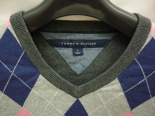 14. トミーヒルフィガー Ｍ コットン ニット アーガイル グレー メンズ Ｍ TOMMY HILFIGER Vネック_画像2