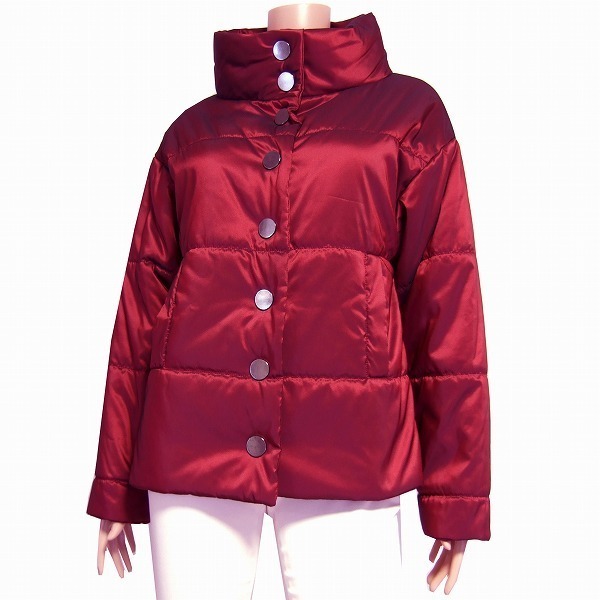 M極美品/AJT ふっくら中綿入りジャケット 大きいサイズ42号(13号/LL相当) ボルドー 秋冬向 イタリア製 艶感 軽量&極暖 アウター レディース