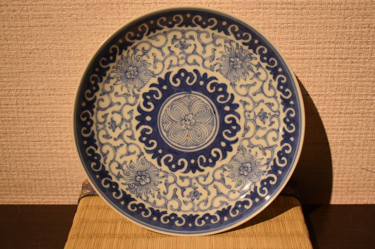 GE】E2846【関西コレクター所蔵品】時代 染付花唐草紋皿 /中国古玩