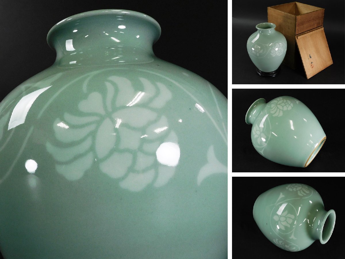 初代 宮永東山 古代紋 象嵌 華瓶(花瓶 花器 花入 花生) 共箱 唐木台座