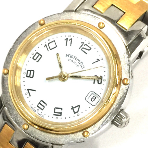 エルメス 腕時計 クリッパー CL4.220 ラウンド デイト 白文字盤 コンビ 