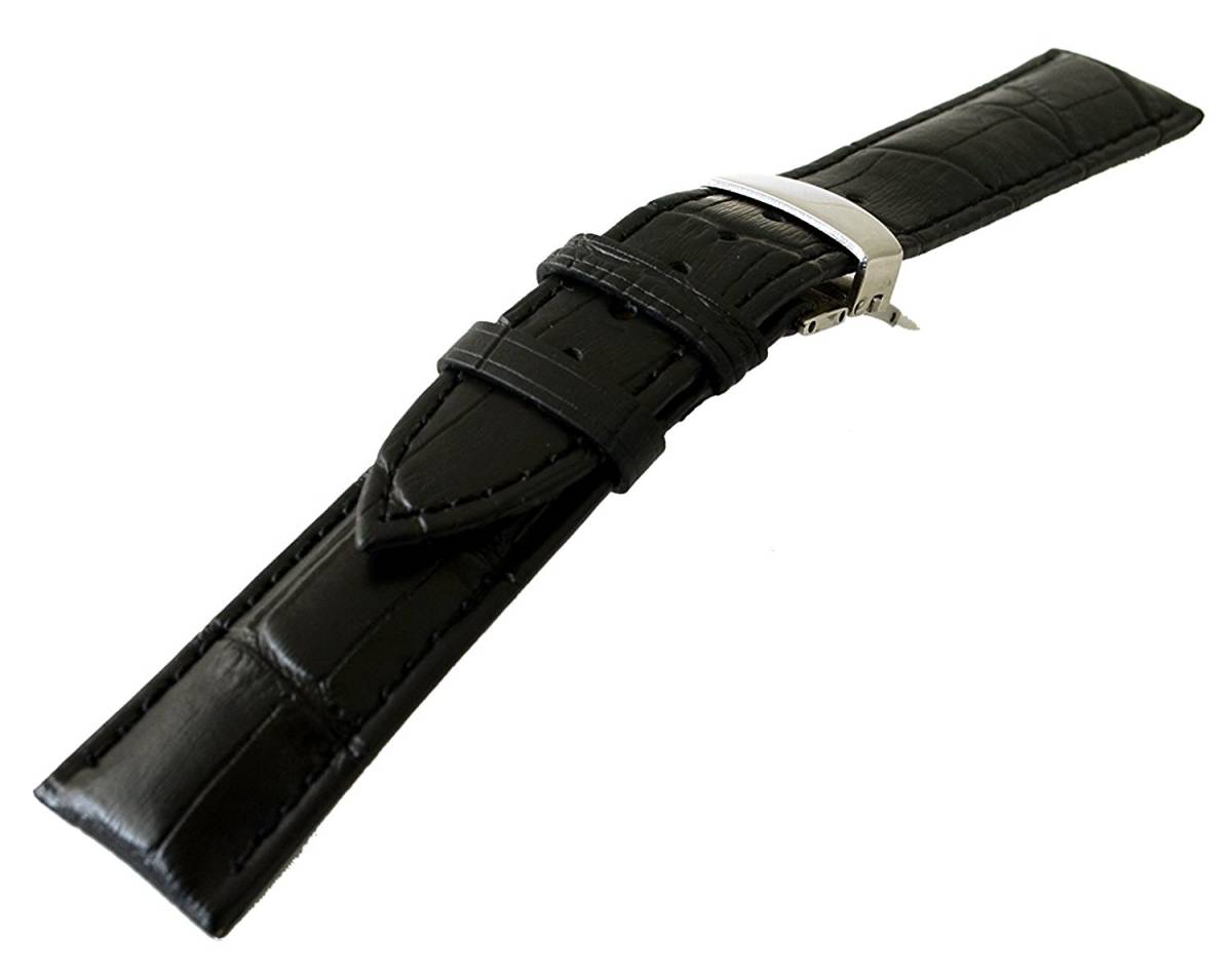 1円から! 20mm本革腕時計ベルトDバックル 黒 両開き クロコダイル型押 バンド交換用_画像4
