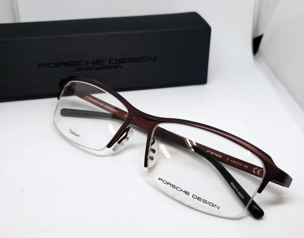 定価57200円 PORSCHE DESIGN 正規品 眼鏡フレーム メガネ P8723-D 55□ ダークレッド 赤 ハーフ チタン 軽量 日本製 メンズ_画像1