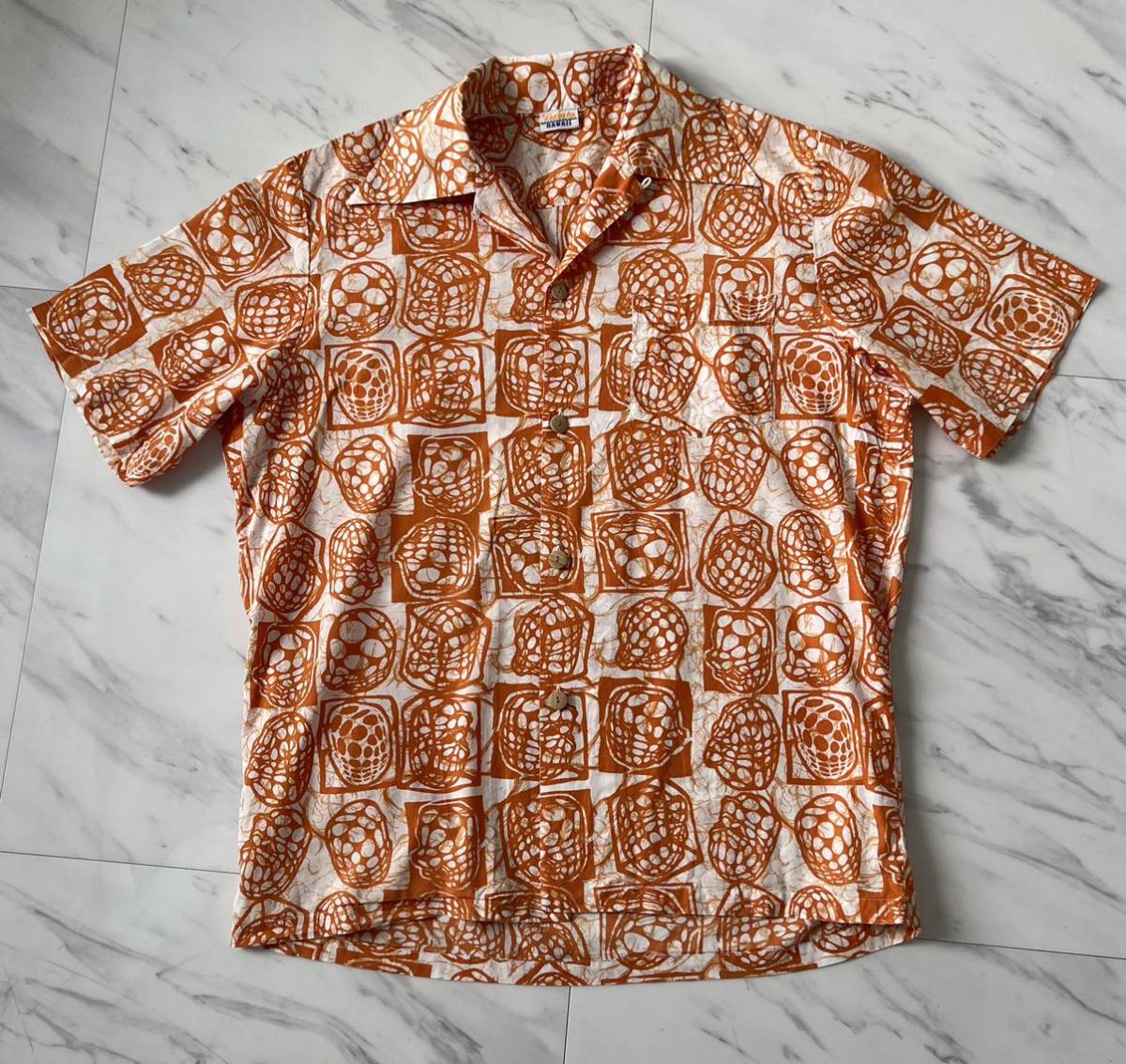 激レア 希少 名作 美品 A BATHING APE Hawaii ALOHA shirt エイプ ハワイ 初期 オープンカラー 半袖 総柄 アロハ シャツ オレンジ ホワイト