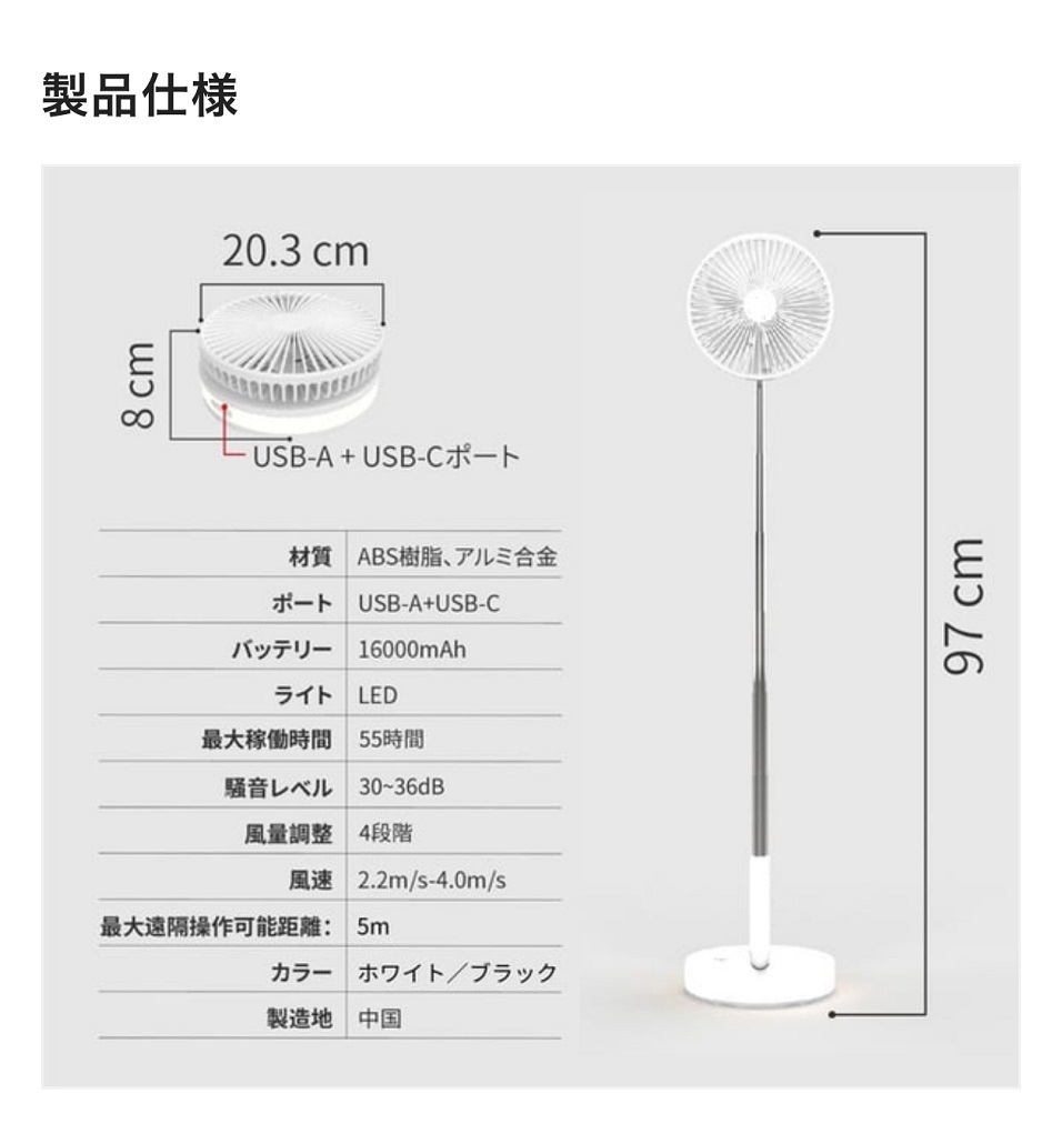 1台3役】扇風機 折りたたみ式 卓上扇風機 16000mAh　リモコン付き USB充電式 携帯扇風機 ポータブルファン リビング扇風機 折りたたみ_画像8