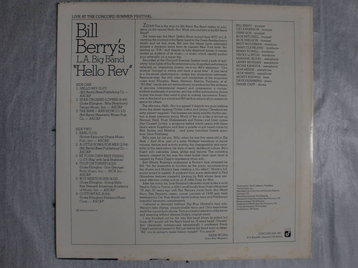 良盤屋 J-0199◆ＬＰ◆CJ-27 輸入盤 Concord Jazz　ビル・ベリー 　Bill Berry's L.A Big Band / “Hello Rev” 　まとめて送料480_画像2