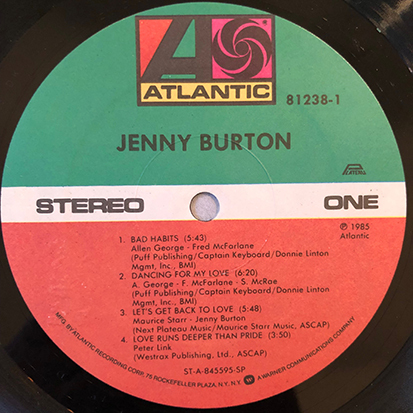 ■1985年 US盤 JENNY BURTON / JENNY BURTON 12”LP オリジナル 81238-1 Atlantic_画像3