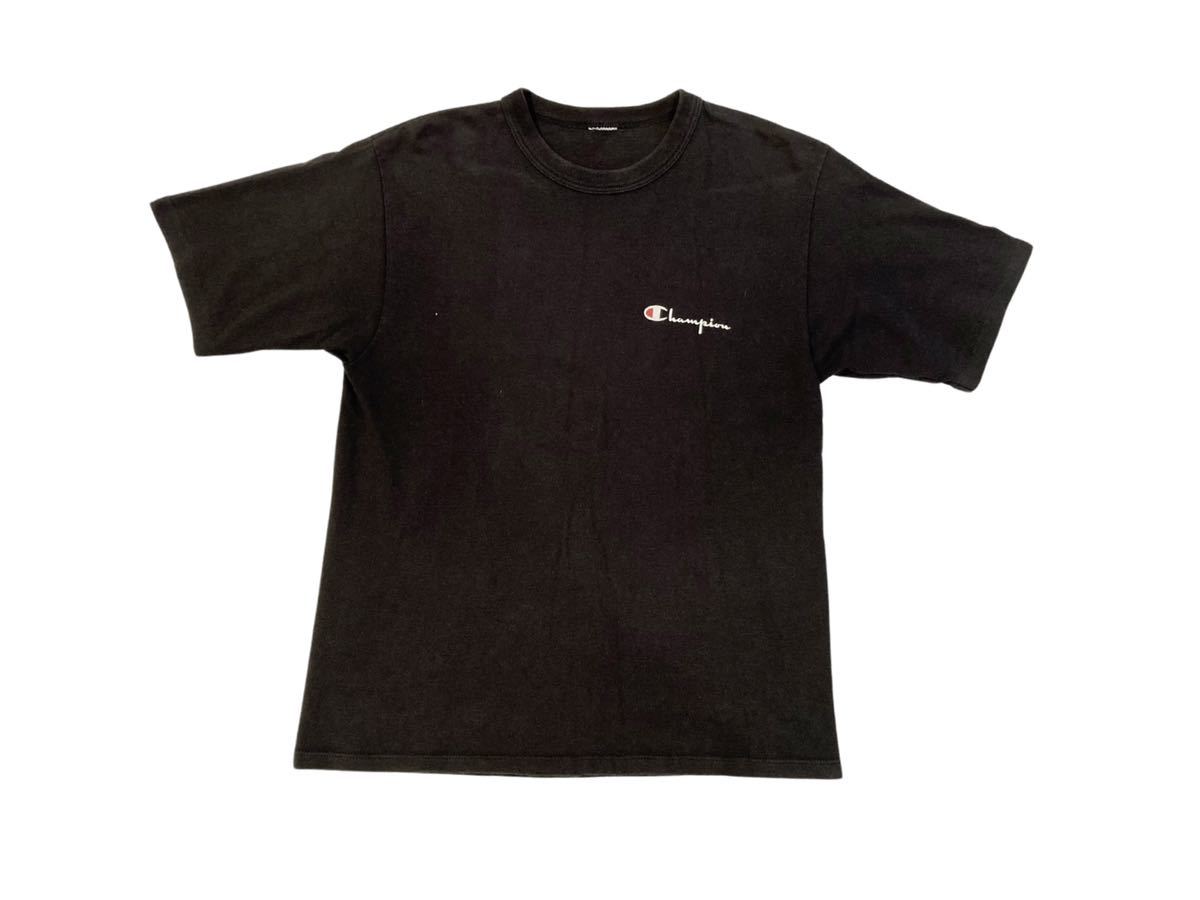 80s USA製 CHAMPION スクリプト ロゴ Tシャツ ブラックビンテージ 黒 無地 USA