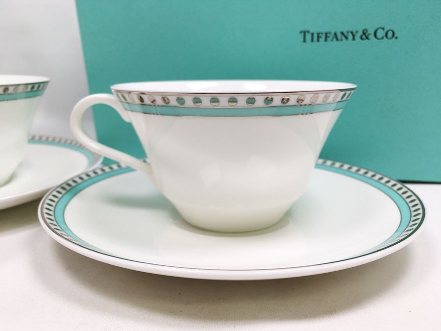 数回使用！【TIFFANY&CO.】ティファニー プラチナブルーバンド ペア カップ&ソーサー 箱付き 3634 1955_画像3