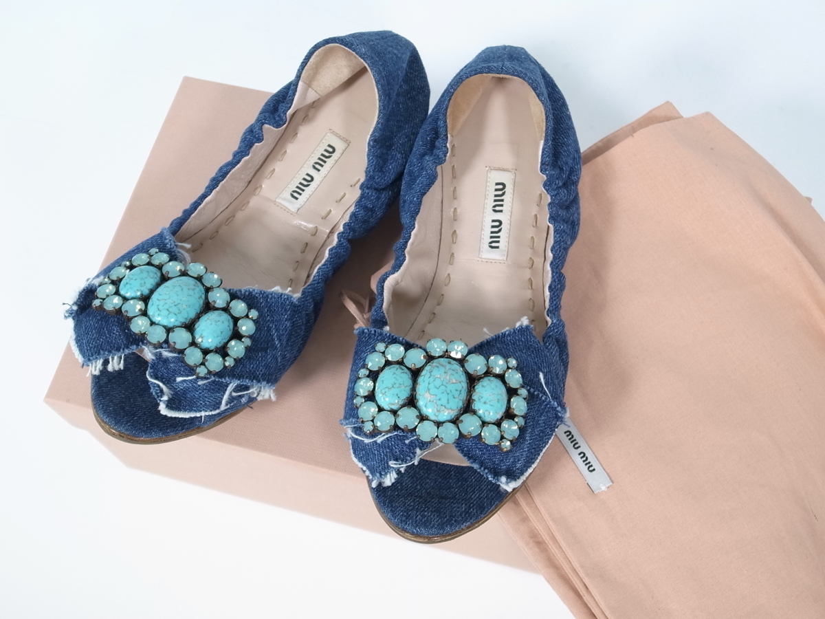 miu miu ミュウミュウ ターコイズ ビジュー デニム バレエシューズ