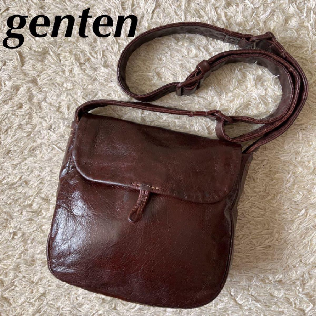 genten】ゲンテン ショルダーバッグ レザー ステッチ ブラウン-