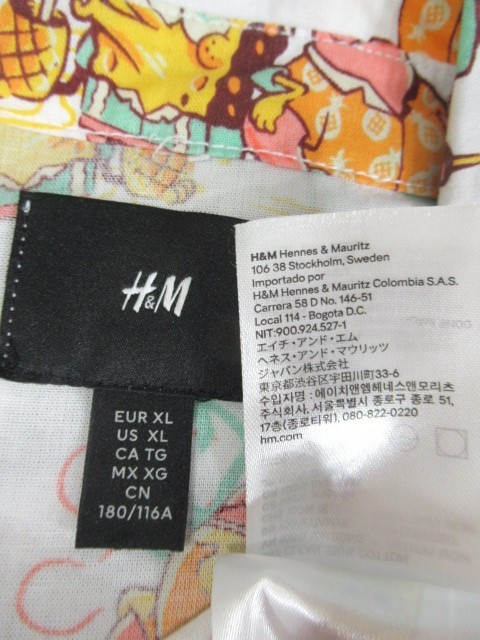 【100円スタート！】 r4_8134C 良品 H&M スポンジボブ半袖コットンシャツ ボタンダウン コットンポプリン素材 サーフ柄 メンズXL ホワイト_画像3