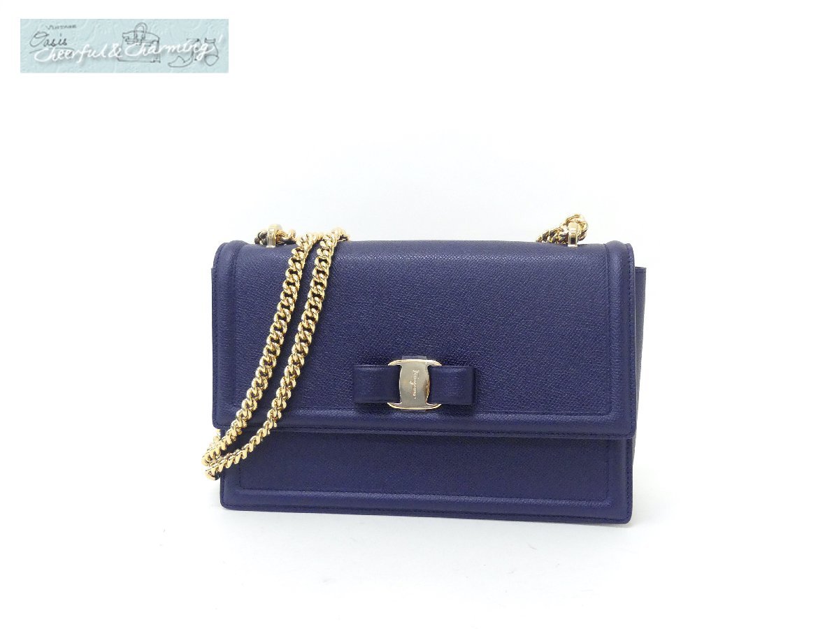 未使用 Ferragamo 2WAYショルダーバッグ GINNY ネイビー ゴールド