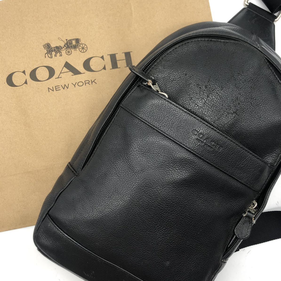 1円 【最高級の風格】 人気 正規 coach コーチ ショルダーバッグ ボディバッグ ウエスト メンズ紳士 オールレザー 斜め掛け ロゴ 型押し _画像1