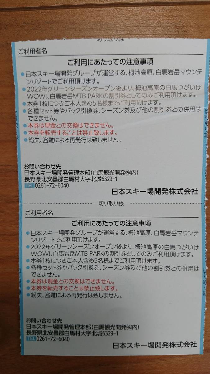 日本スキー場開発 株主優待　栂池 白馬つがいけ WOW！/ 岩岳 MTB利用　割引券２枚_画像2