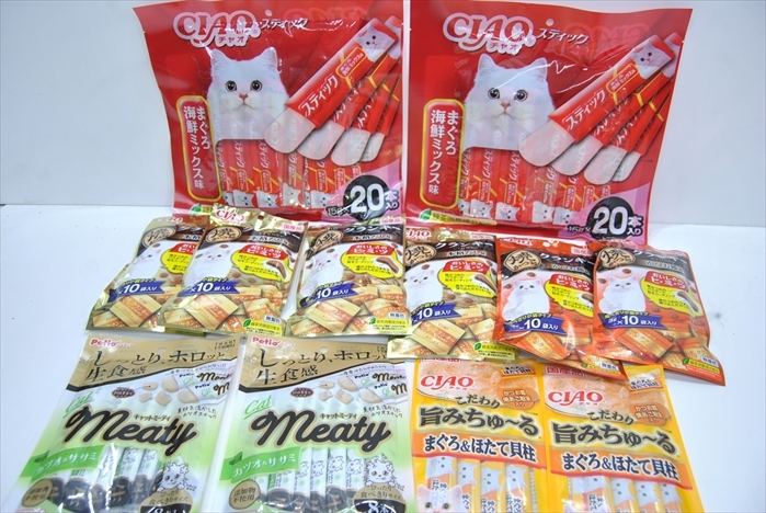 【CF1-8】1円～ 猫用おやつ レトルト チャオスティック 焼かつおクランキー キャットミーティ 旨みちゅーる 12個 まとめ売 業販 卸 せどり _画像1