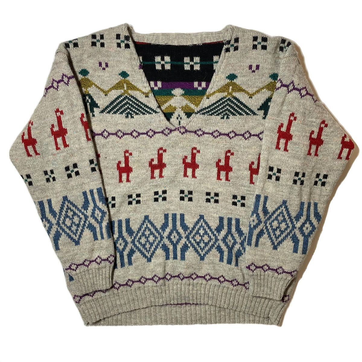 全てのアイテム セーター ニット Knit Vintage ITALY製 80s トレーナー 革 幾何学 総柄 ナバホ インディアン Vネック  ビンテージ ヴィンテージ スウェット Lサイズ