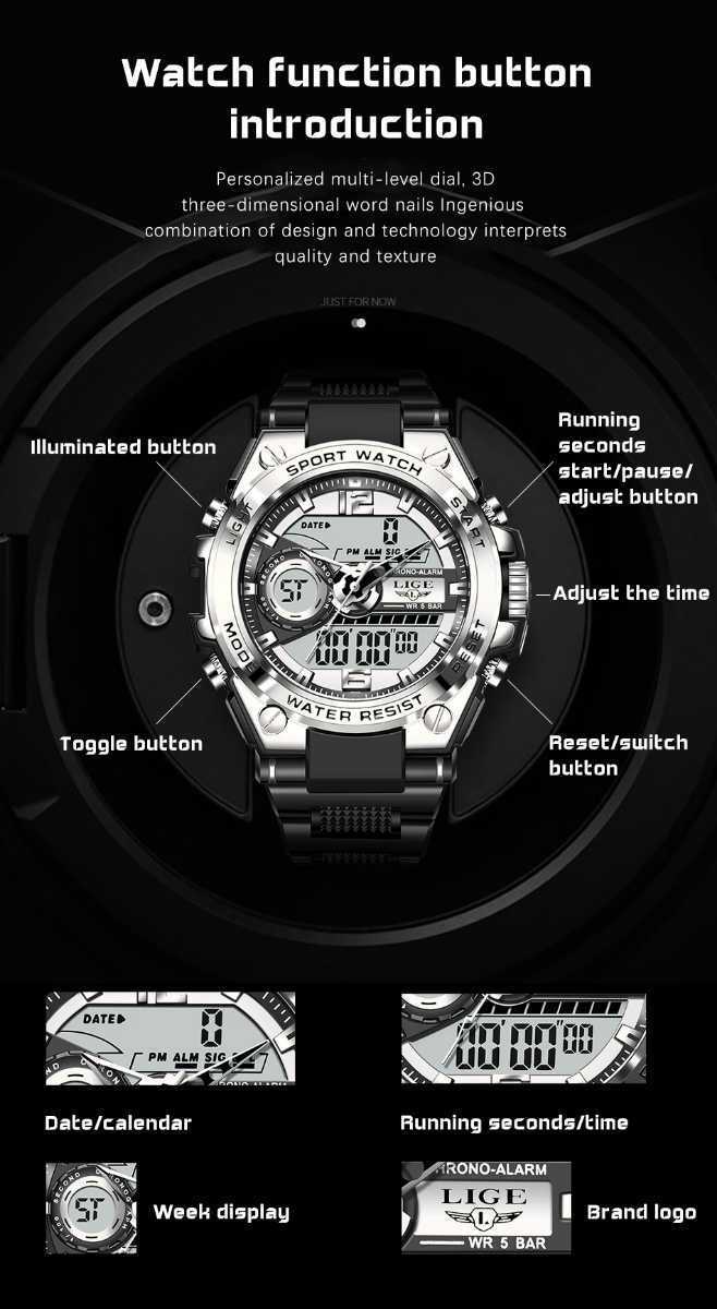 【新品】Lige デュアルディスプレイ アウトドア ミリタリー メンズ腕時計 ブラック_画像5