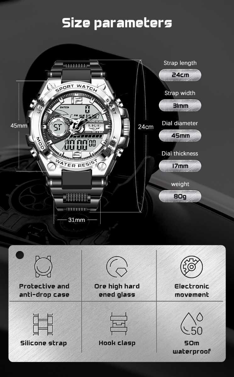 【新品】Lige デュアルディスプレイ アウトドア ミリタリー メンズ腕時計 ブラック_画像4