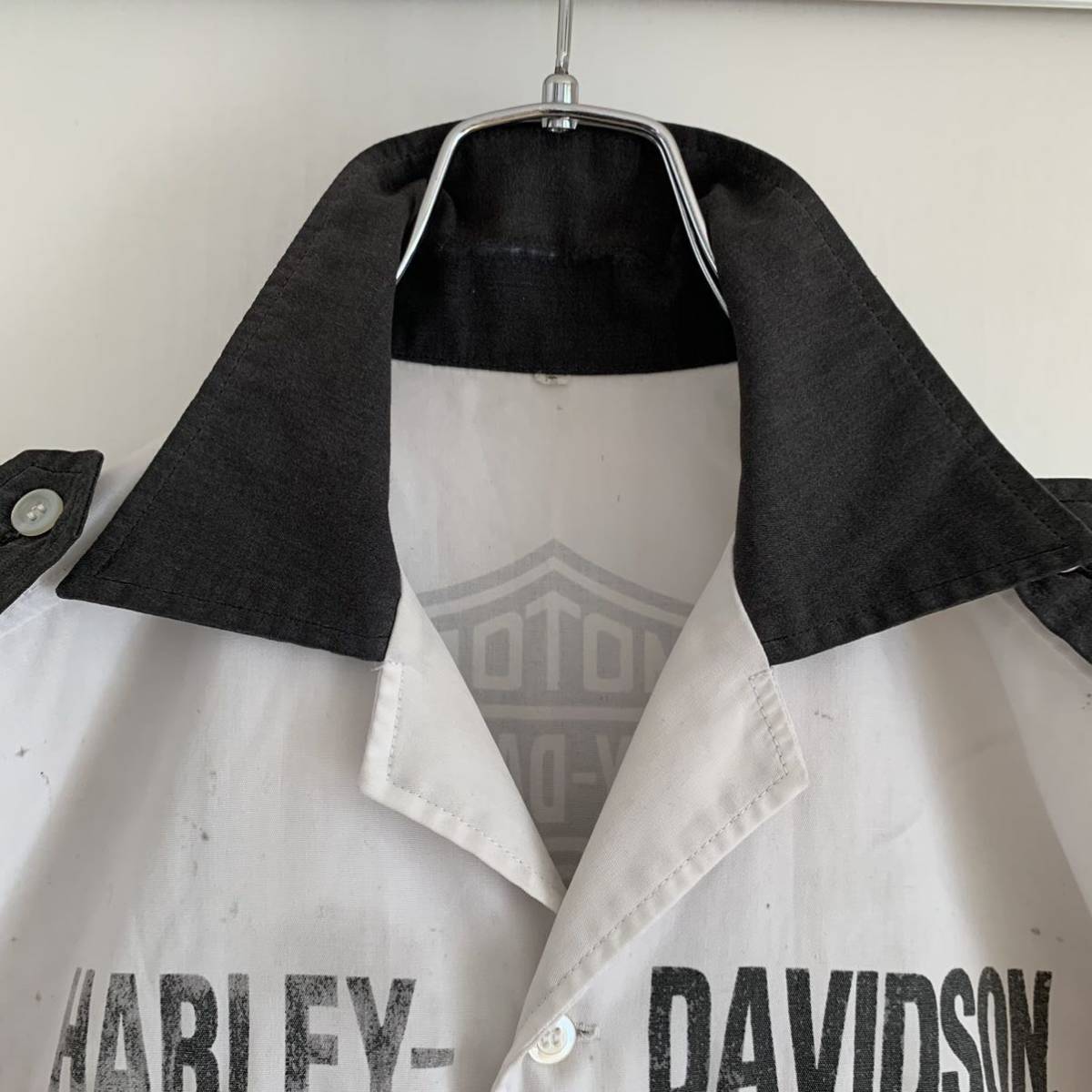 【希少】HARLEY DAVIDSON ハーレー ダビッドソン 半袖 ワーク シャツ 開衿 ロゴプリント スタッフ クルー 作業着
