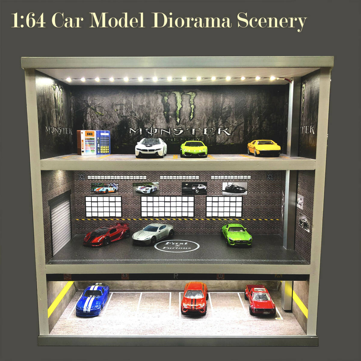 ジオラマ1/64モデルカーLEDライト3レベル車両駐車場ディスプレイコレクションUSBコネクタの画像2