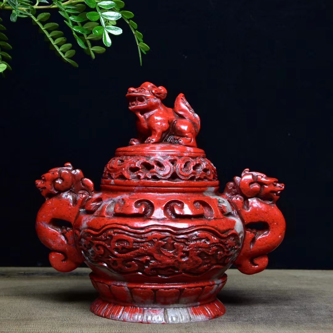 清・古寿山石・鶏血石大紅袍彫・香薰炉』極細工・時代物・古賞 清・古寿山石・鶏血石大紅袍彫・香薰炉』極細工・時代物・古賞