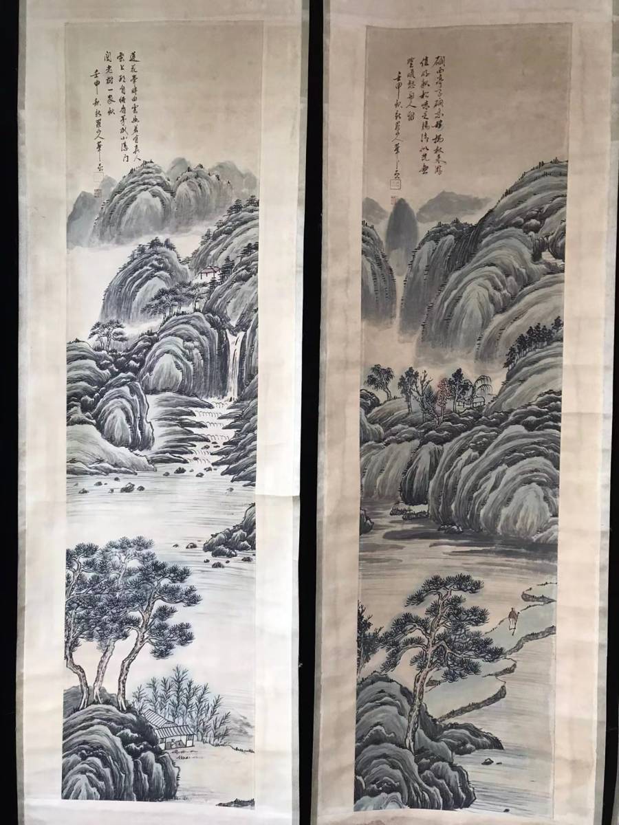 真作】中国書画『清代画家華岩・山水四条屏・宣紙』肉筆紙本・掛け軸