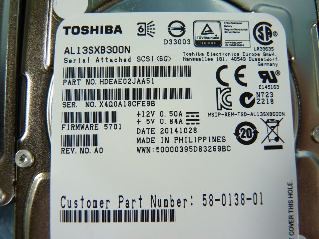 1LSS // 4個セット TOSHIBA AL13SXB300N 300GB 2.5インチ SAS 6Gb 15K(15000)rpm 15mm 58-0138-01 // Cisco UCS C220 M3BE 取外_画像5