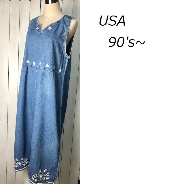 USA古着 90s～ 花柄刺繍入り デニムワンピース ジャンパースカート L～XL オールド ヴィンテージ アメリカ古着 ロング 春夏 マキシ ★150